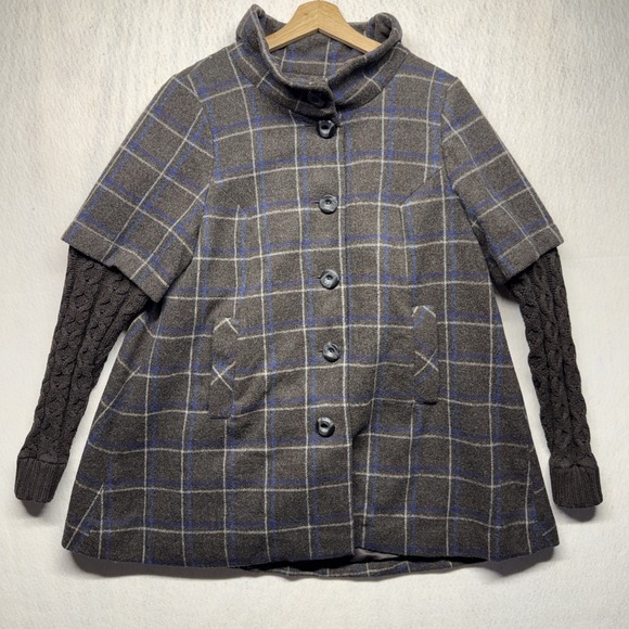 Anthropologie Jackets & Blazers - Anthropologie Idra Plaid‎ Wool Blend Coat Cable Knit Sleeves Grey Blue Size 10
